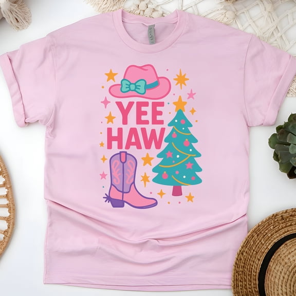 Yee Haw Shirt | Western Cowboy Boot and Hat Graphic Tee | Unisex Casual T-Shirt, Light Pink, Size 2XL