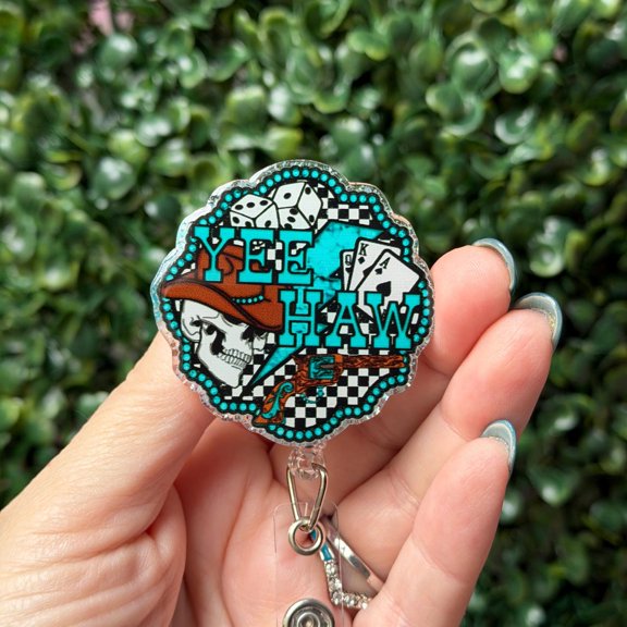 Yee Haw Western Badge Reel | Turquoise Skull Rodeo ID Holder