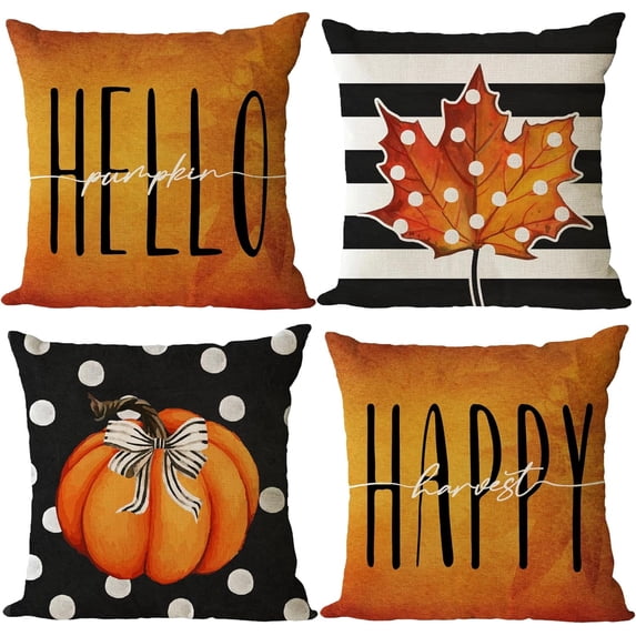 YeeJu Fall Throw Pillow Covers 20x20 Set of 4 Thanksgiving Pumpkin Pillow Covers Orange Black Autumn Pillow Case Halloween Cushion Covers Outdoor Sofa Couch Home Decorations 20 Inch