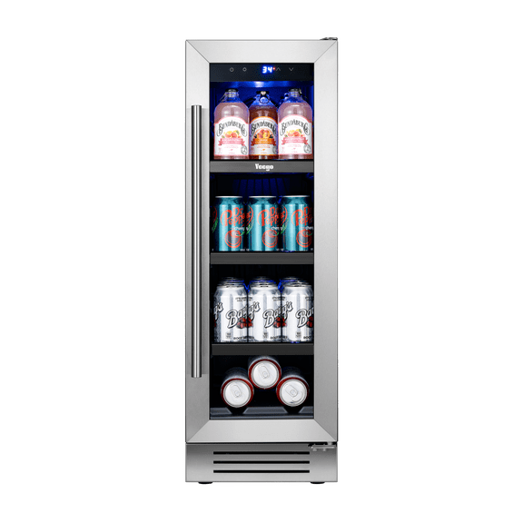 Yeego 12 Inch Beverage Refrigerator - 60 Cans Compact Beverage Cooler with Glass Door, Under Counter Drink Fridge Built-In or Freestanding
