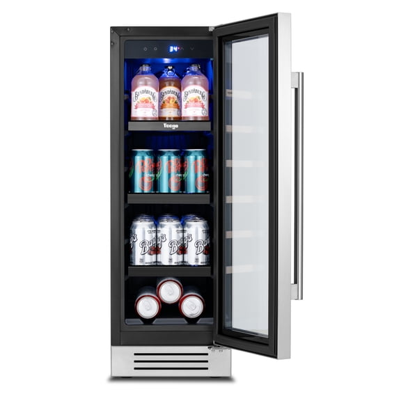 Yeego 12 Inch Beverage Refrigerator, 60‑Can Compact Beverage Cooler with Glass Door, Under Counter Drink Fridge, Built‑in or Freestanding for Kitchen, Bar or Office