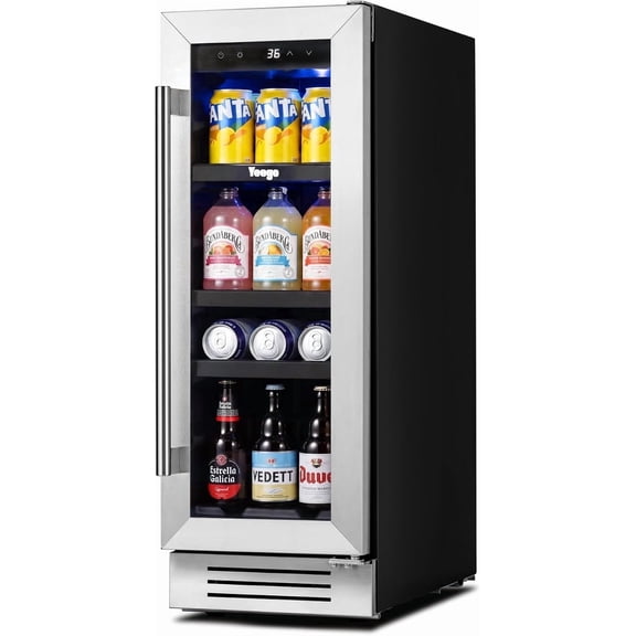 Yeego 12 Inch Beverage Refrigerator - 60 Cans Compact Beverage Cooler with Glass Door, Under Counter Drink Fridge Built-In or Freestanding for Soda, Beer & Wine, Office, Kitchen or Home Bar
