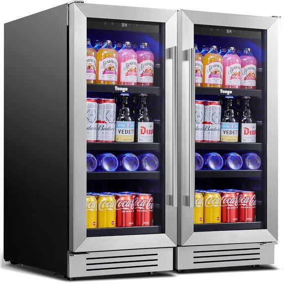 Yeego 15 Inch Compact Beverage Refrigerator 2-Pack, Built-in & Freestanding Drink Cooler with Glass Door, Auto Defrost Mini Fridge for Wine Beer Cans Bottles, Under Counter for Home Bar Kitchen