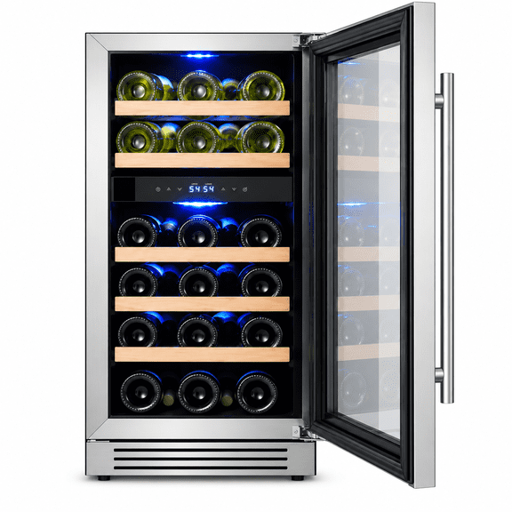Yeego 15‑Inch Dual‑Zone Wine Cooler, 28‑Bottle Storage Capacity, 40‑65℉ Glass‑Door Wine Refrigerator, Built‑in, Freestanding & Under‑Counter Compatible, Right‑Hinged Door