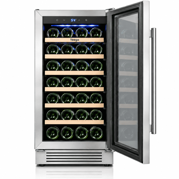 Yeego 15 Inch Wine Fridge, 33-Bottle Capacity, 40-65°F Wine Cooler, Built-in or Freestanding for Indoor Use, Adjustable Shelves(Right‑Hinged)