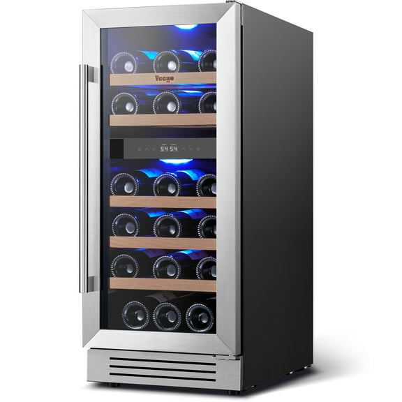 Yeego 15" Wine Refrigerator Cooler, 28 Bottle Dual Zone Wine Fridge Built-in or Freestanding with Stainless Steel Tempered Glass Door for Home/Office