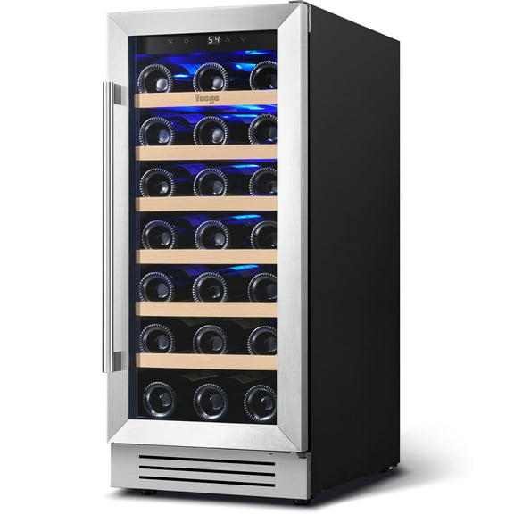 Yeego 15" Wine Refrigerator Cooler, 33 Bottle Single Zone Wine Fridge with Stainless Steel Tempered Glass Door for Home/Office, Freestanding and Built-in