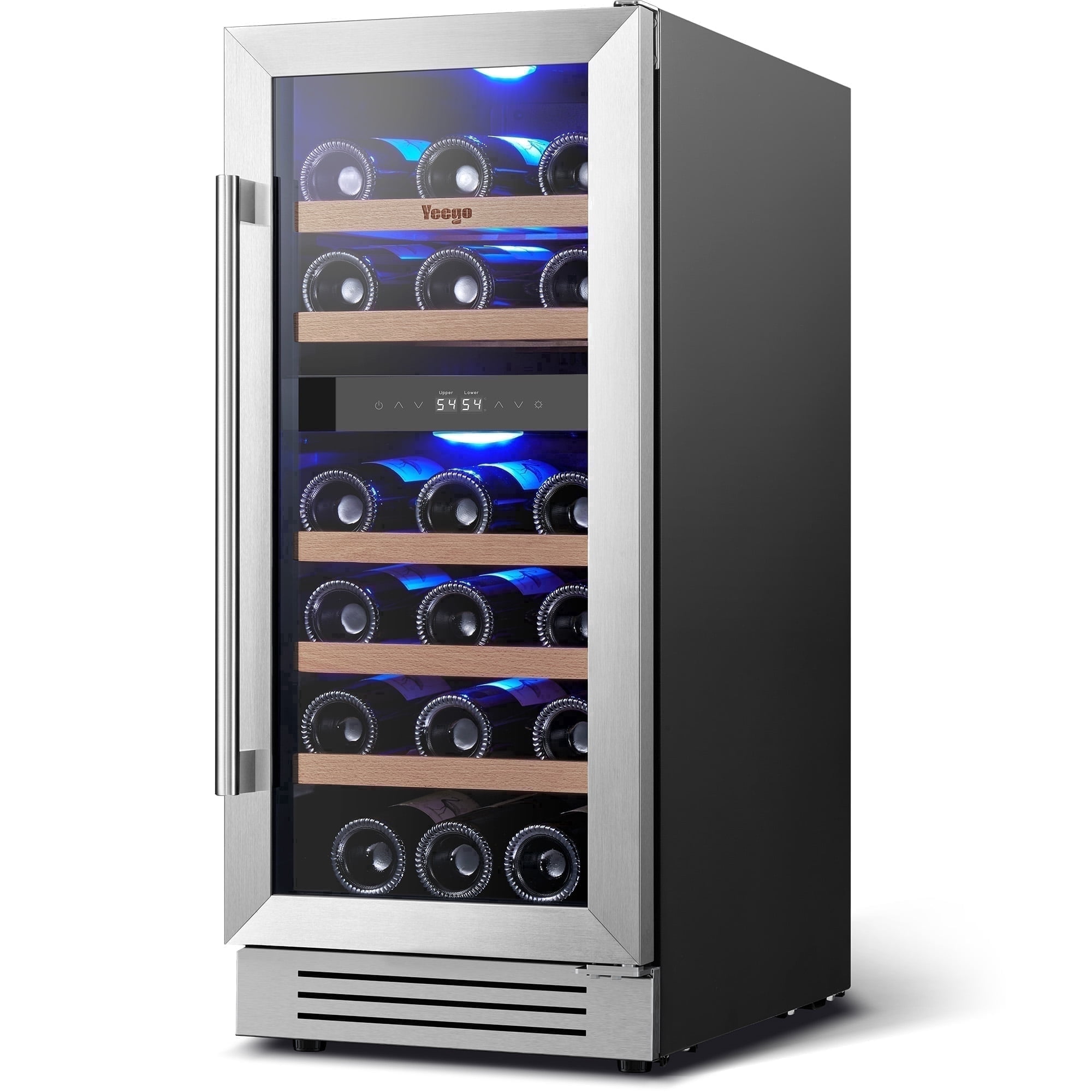 Yeego 15 Inch Dual Zone Wine Fridge Cooler, Holds 28 Bottles, 40-65°F Wine Refrigerator with Glass Door, Built-in and Freestanding Under Counter