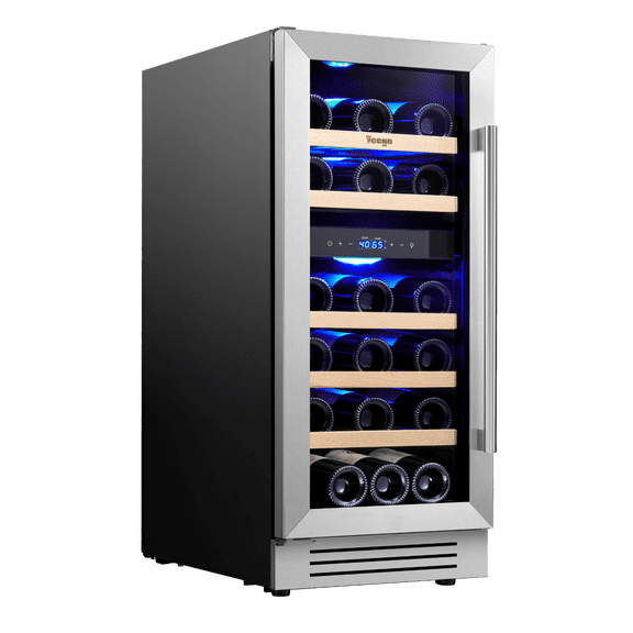 Yeego 15 inch Wine Fridge, 28 Bottle Dual Zone Left Opening Wine Cooler Refrigerator with Double Glass Door for Office/Home, Built-in & Freestanding
