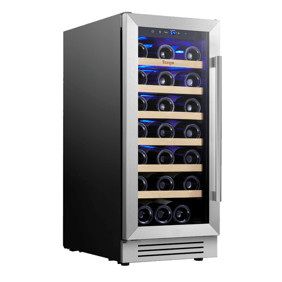 Yeego 15 inch Wine Fridge, 33 Bottle Single Zone Under Counter Wine Cooler Refrigerator with Double Glass Door for Office/Home, Built-in & Freestanding(Left Opening)
