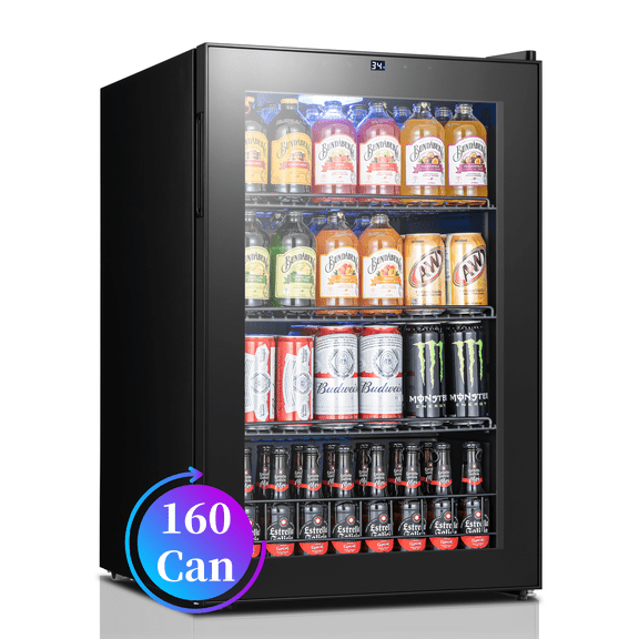 Yeego 160 Cans Beverage Refrigerator, Freestanding Beverage Cooler with Glass Door for Home/Office/Bar, Black