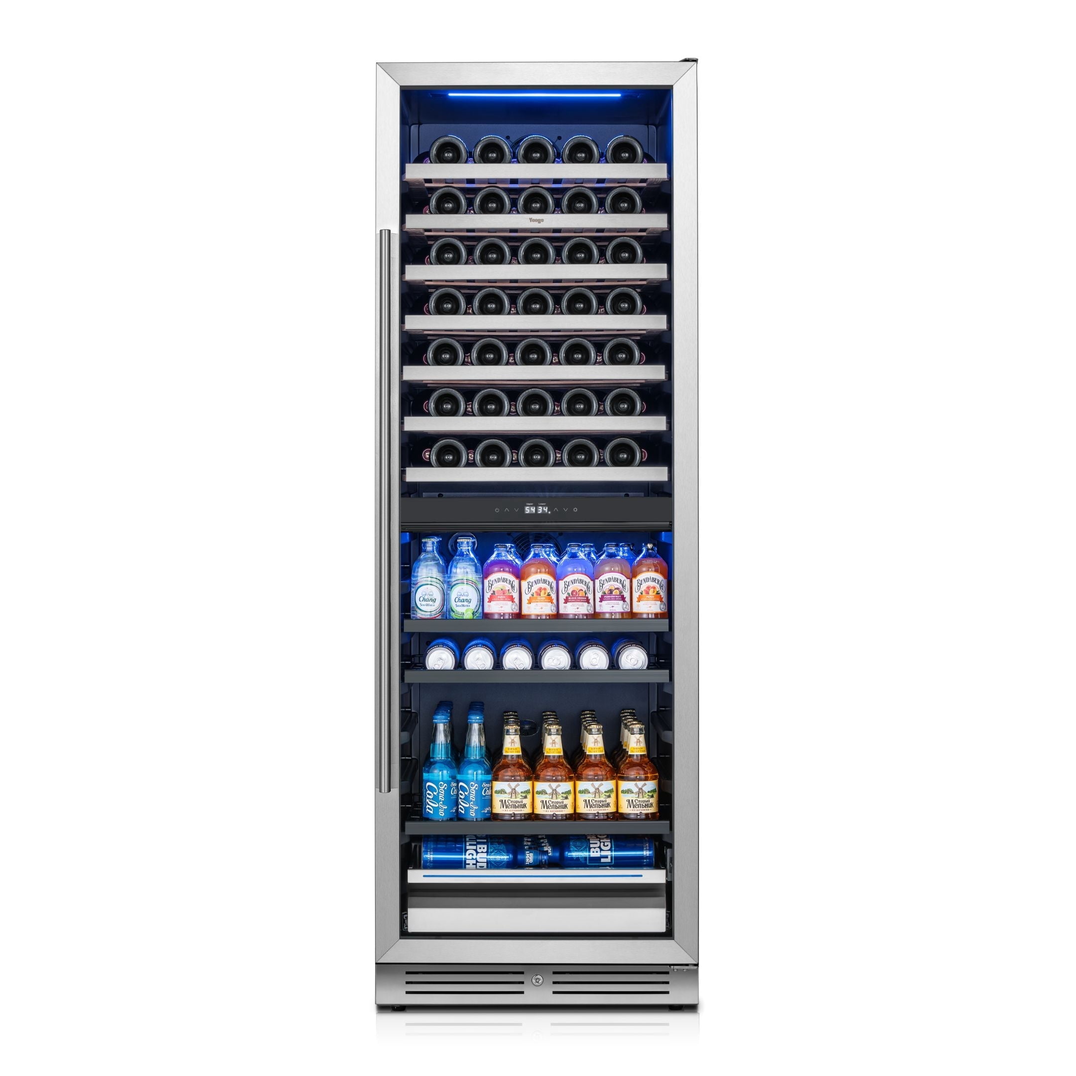 Yeego 24 Inch Wine and Beverage Refrigerator Cooler, Dual Zone Holds 77 Bottles + 182 Cans with Stainless Steel Glass Door Full Size Fridge for Home, Bar, Office(Built-In & Freestanding)