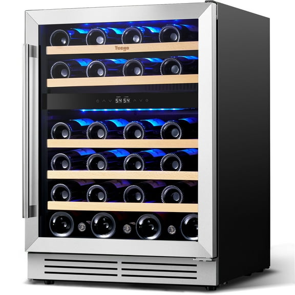 Yeego 24'' Wine Refrigerator, 46 Bottle Under Counter Dual Zone Wine Cooler in Stainless Steel,Freestanding & Built-In Wine Fridge,Silver