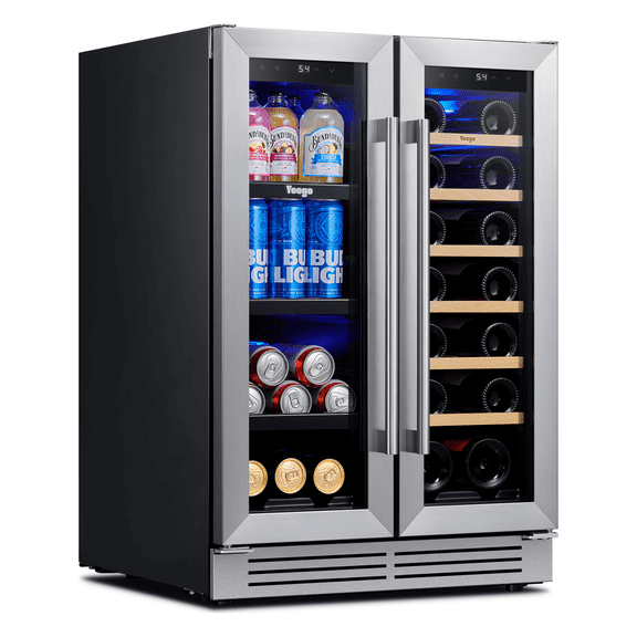Yeego 24" Wine and Beverage Refrigerator, Hold 20 Bottles & 60 Cans Dual Zone Cooler Fridge with Double Tempered Glass French Door