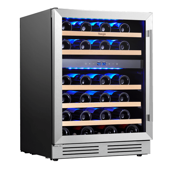 Yeego 24 inch Dual Zone Wine Cooler and Fridge, 52 Bottles Left Opening Wine Refrigerator with Double Glass Door for Office/Home, Built-in & Freestanding