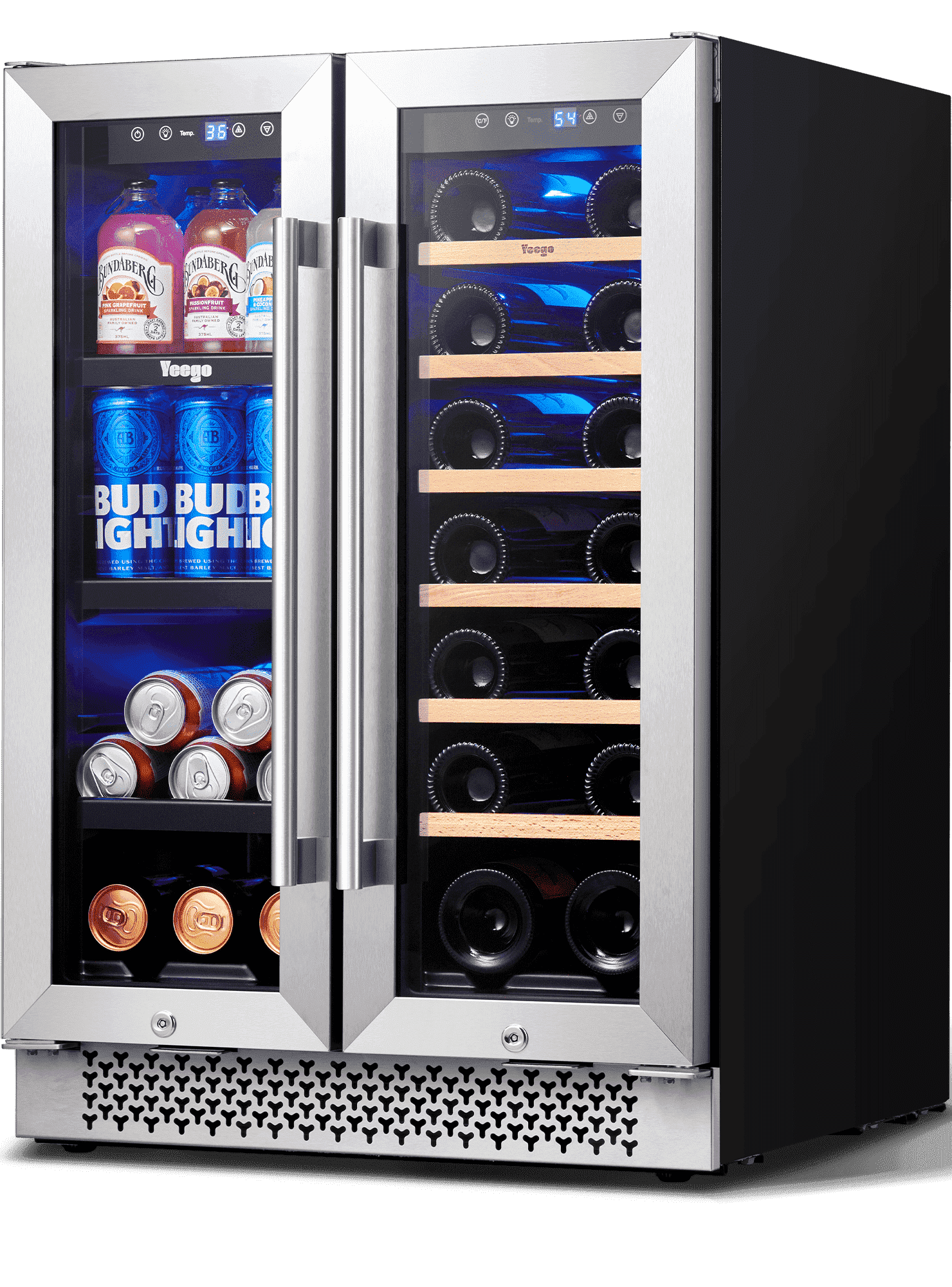 Yeego 24 inch Wine and Beverage Refrigerator, Hold 20 Bottles and 60 Cans, 36~72 Digital Touch Control, Built-in or Freestanding Dual-Zone Wine Cooler Fridge with French Door