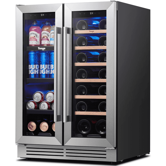 Yeego 24 inch Wine and Beverage Refrigerator, 20 Bottles and 60 Cans Dual Zone Fridge with French Glass Door for Home/Office, 36℉~72℉, Built-in/ Freestanding