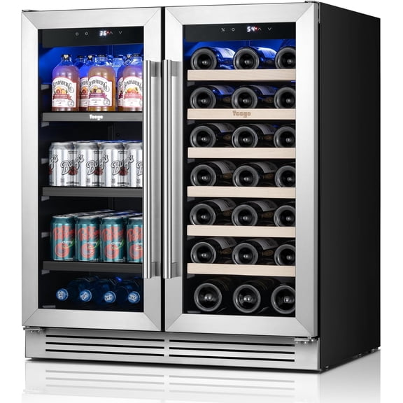 Yeego 30 Inch Wine and Beverage Cooler - 36-72°F, Holds 80 Cans & 33 Bottles Adjustable Shelves Beverage Fridge, Stainless Steel with Glass Door for Built-in for Kitchen/Bar