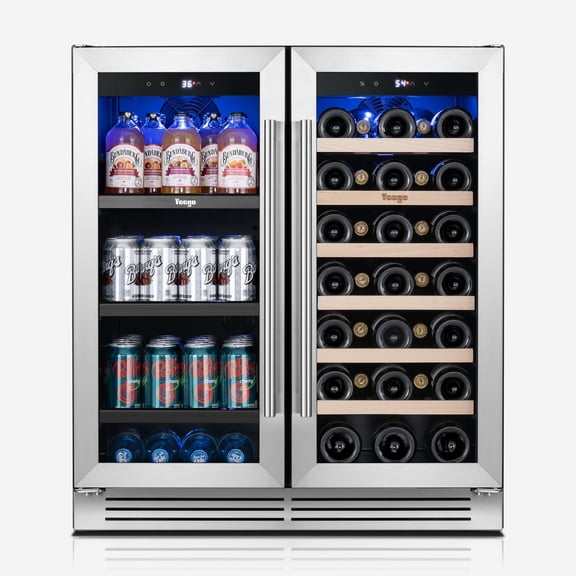 Yeego 30 inch Wine and Beverage Cooler Refrigerator, Hold 80 Cans and 33 Bottles Dual Zone Wine Fridge with French Door, Built-in or Freestanding