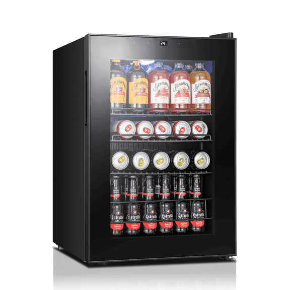 Beverage Refrigerator and Cooler Freestanding 85 Can Mini Beverage Cooler with Glass Door for Home, Black