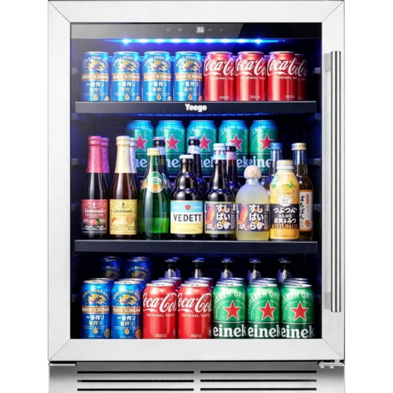 Yeego Beverage Refrigerator Drink Fridge - 24 inch 180 Cans Beer Cooler Glass Door, 34-54℉ Under Counter Refrigerator Built-in for Bar Office Bedroom