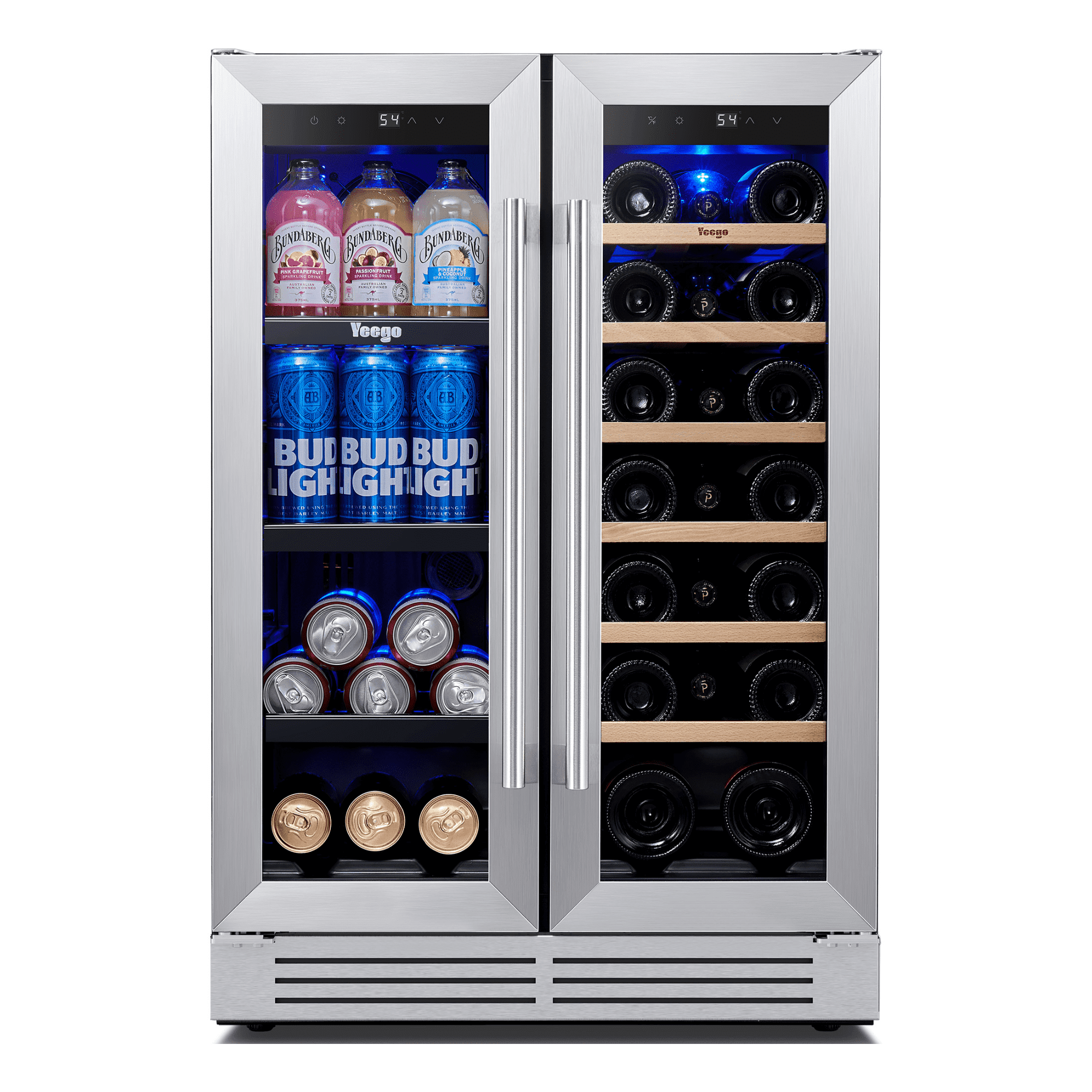 Yeego Wine and Beverage Refrigerator, 24 Inch 60 Cans and 20 Bottles Dual Zone Wine Cooler with Glass Door & Removeable Racks, Built in or Freestanding Under Counter