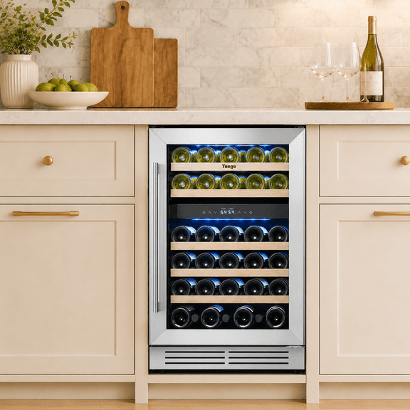 Yeego 24 Inch Dual‑Zone Wine Fridge Cooler, 52‑Bottle Capacity, 40‑65°F Glass‑Door Wine Refrigerator, Built‑in or Freestanding Under Counter