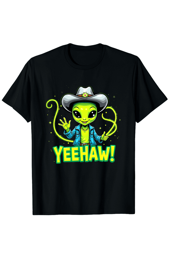 Yeehaw Alien Cowboy Western Shirt Space Lover Halloween Graphic Black T-Shirt for Men and Women