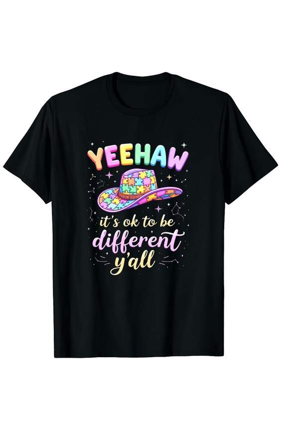 Yeehaw Autism Cowboy Hat Western Autism Awareness Graphic Black T-Shirt for Men and Women