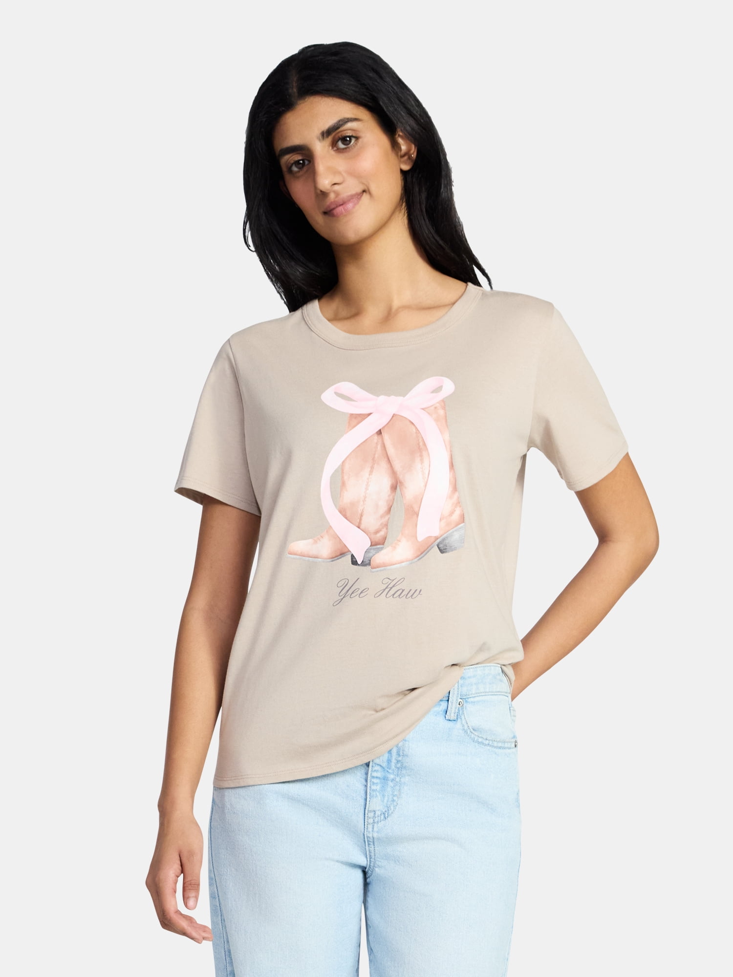 Yee Haw Boots Bow Women's Graphic Everyday Tee with Short Sleeves, Sizes XXS-XXL