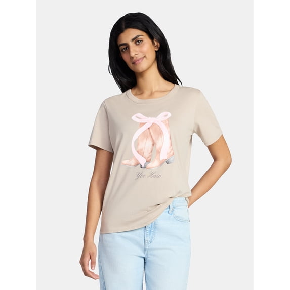 Yee Haw Boots Bow Women's Graphic Everyday Tee with Short Sleeves, Sizes XXS-XXL