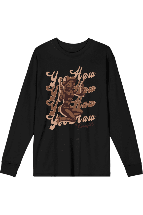 Yeehaw! Pin Up Cowgirl Adult Black Crew Neck Long Sleeve Tee-Small