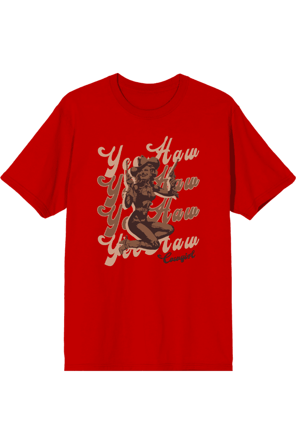 Yeehaw! Pin Up Cowgirl Adult Red Crew Neck Short Sleeve Tee-Small