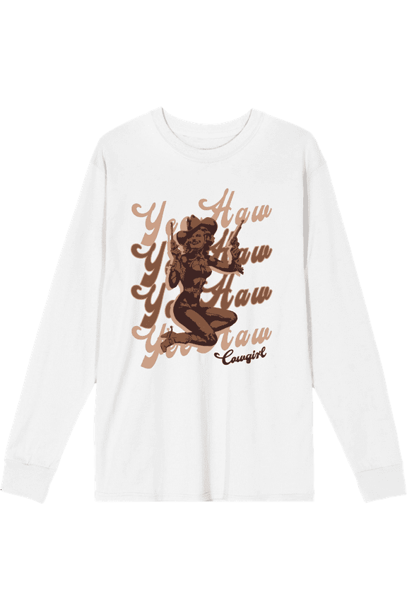 Yeehaw! Pin Up Cowgirl Adult White Crew Neck Long Sleeve Tee-Large