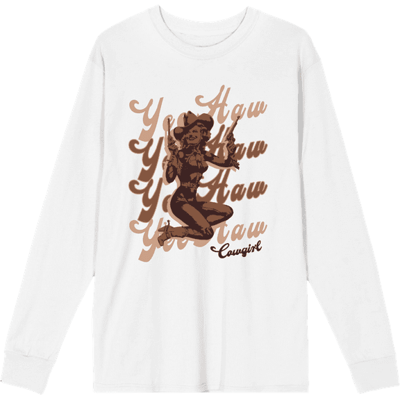 Yeehaw! Pin Up Cowgirl Adult White Crew Neck Long Sleeve Tee-Medium