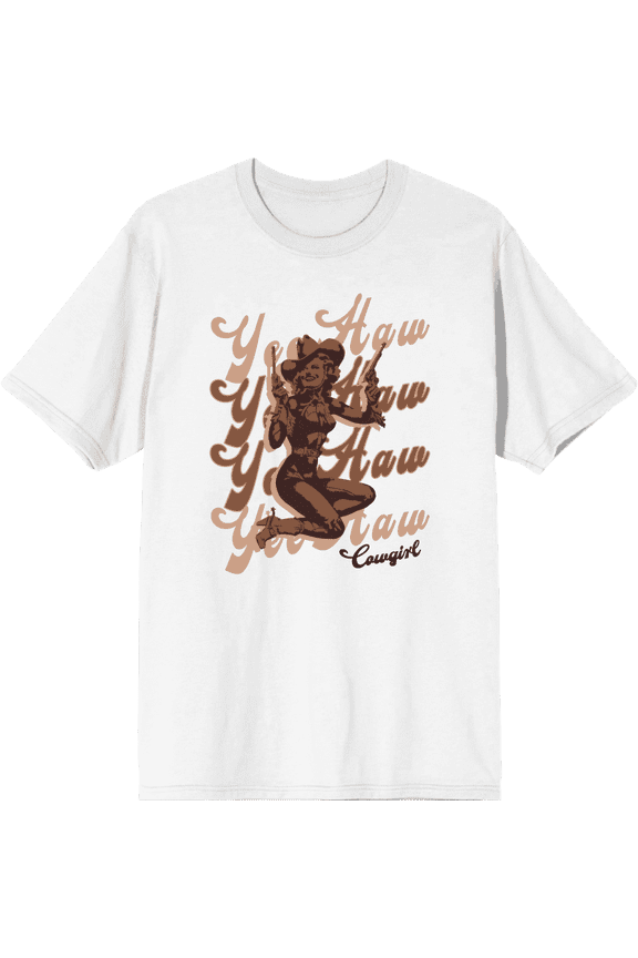 Yeehaw! Pin Up Cowgirl Adult White Crew Neck Short Sleeve Tee-Large