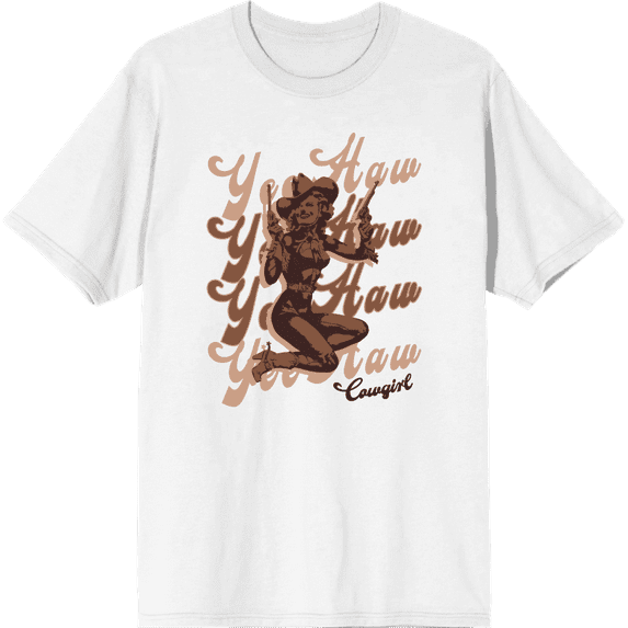 Yeehaw! Pin Up Cowgirl Adult White Crew Neck Short Sleeve Tee-XL