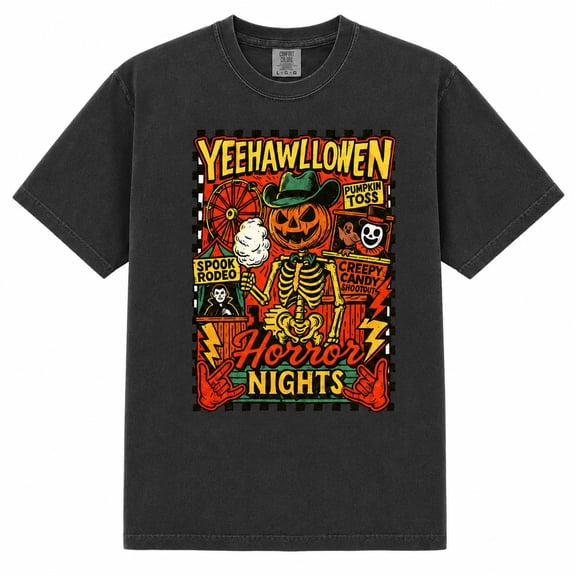 Yeehawlloween Horror Nights Graphic T-Shirt, Cowboy Pumpkin Skeleton Carnival Design, Retro Spooky Rodeo Halloween Tee for Adults