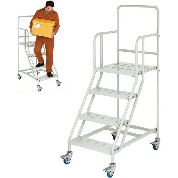 Yeeoy 4 Steps Ladder with Wheels & Handrails, Industrial & Warehouse Rolling Stairs Non-Slip Steel Platform Ladder for Goods Shelves, 445 lbs Capacity