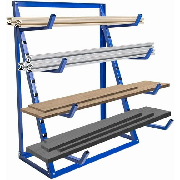 Yeeoy 4 Tier Steel Horizontal Lumber Storage Rack, Heavy Duty Pipe Organizer Shelf, Adjustable Bar Storage Cantilever Rack for Garage Workshop Shed Basement, 2000lbs Load Capacity, Blue