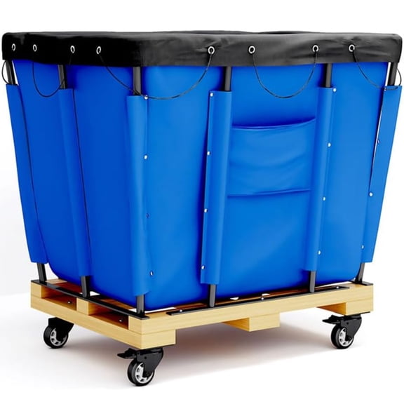 Yeeoy 8 Bushel Blue Vinyl Basket Bulk Truck, Laundry Basket with Wheels, Steel Laundry Cart Storage Trolley Hamper for Hotel Home Hospital, 34"L x 22"W x 30-1/2"H