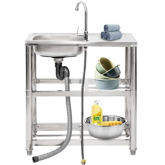 Yeeoy Freestanding Single Bowl Kitchen Sink, Stainless Steel Utility Sink with Cold & Hot Water Pipe for Laundry Room Garage Backyard, 30"Wx17"Dx31"H