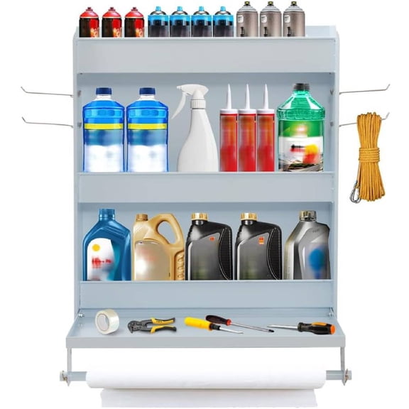 Yeeoy Trailer Door Cabinet Organizer, Heavy Duty Work Station Storage w/Flip-Out Work Tray & Paper Towel Rack Organizer for Enclosed Race Trailer, Garage Storage, White