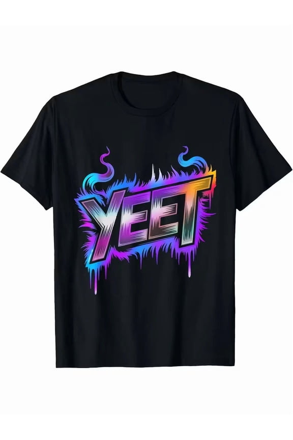Yeet Funny Slang Teens Neon Graffiti Black Graphic T-Shirt, for Men & Women, up to Size 5XL