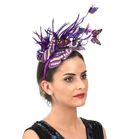Yeetfub Derby Hat Derby Fascinator for Women 2024 foreign Trade Simulation Plastic Butterfly Hair Hoop Party Hair Accessories ky Derby Hats Wedding Hats for Women,Purple