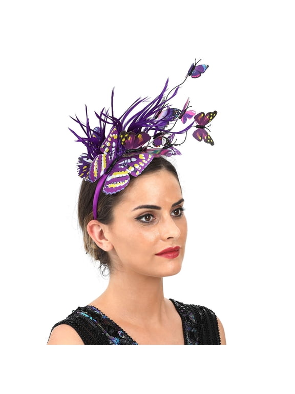 Derby Hat Derby Fascinator for Women 2024 foreign Trade Simulation Plastic Butterfly Hair Hoop Party Hair Accessories ky Derby Hats Wedding Hats for Women,Purple