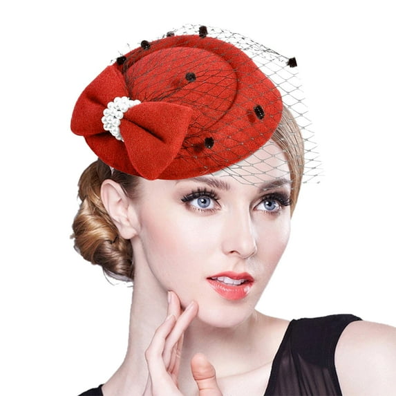 Yeetfub Derby Hat Tea Party Hats Church Hats Women Lace Bow Top Hat Hairpin Headwear Hat Party Hairpin ky Derby Hats Wedding Hats for Women,Red
