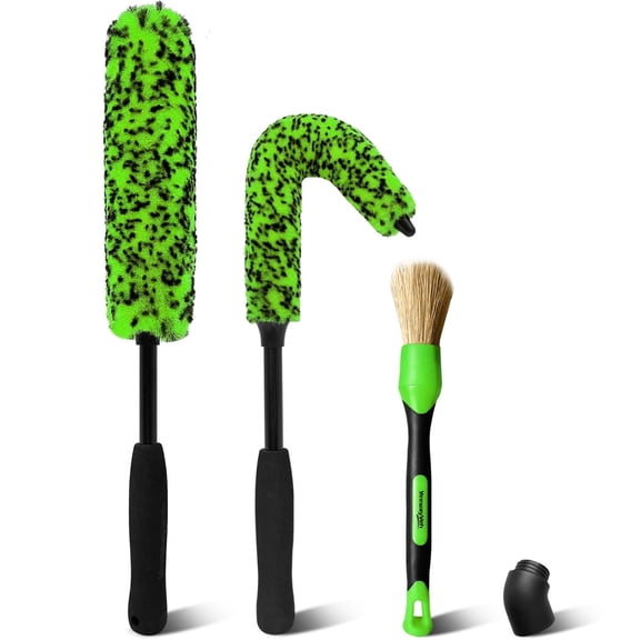 YeewayVeh 3PCS Quick Car Wheel Brush Kit, 2-Size 360° Bendale Rim Cleaner Brushes, Boars hair Detailing Brush, Fast Scratch-Free Cleaning for Car Wheels, Motorcycle, Green