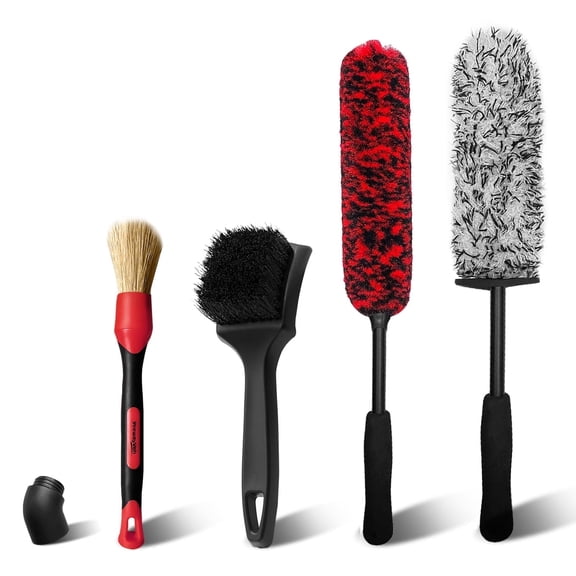 YeewayVeh 4Pack Car Wheel Cleaning Kit, Bendable Microfiber Wheel Brush and Car Detailing Brush, Soft & No-Scratch Rim Tire Brush Set for All Wheel Types, Red