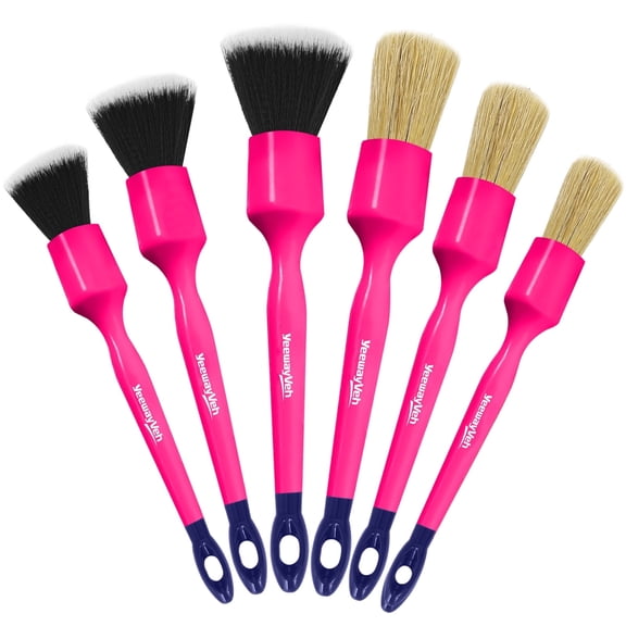 YeewayVeh 6PCS Car Detailing Brush Set, Boars Hair and Ultra Soft Detail Brush (Pink)